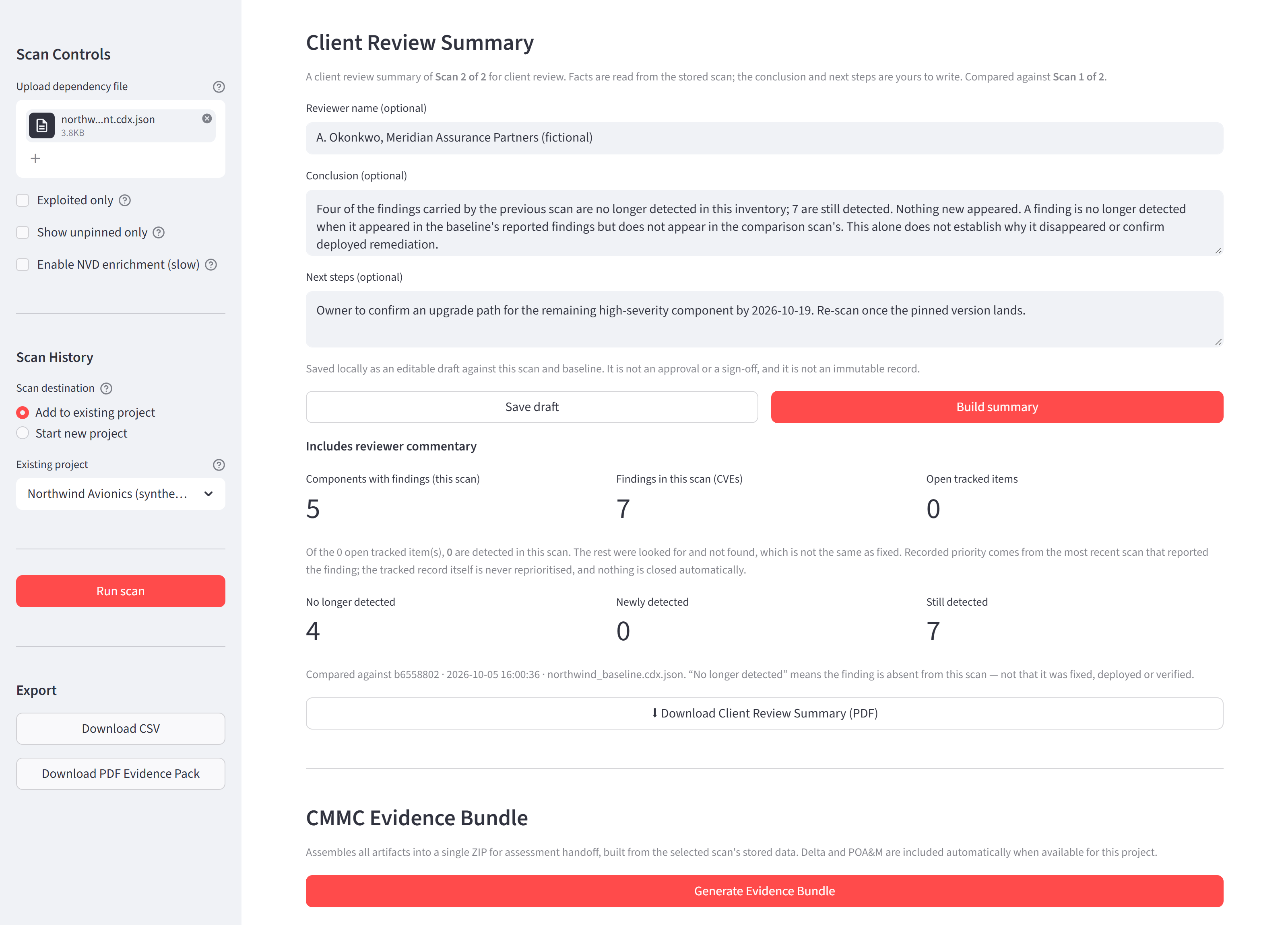 The Client Review Summary section of RiskSnap 0.8.0 for scan 2 of 2, compared against scan 1 of 2: a reviewer name, conclusion and next steps typed in, counts of four findings no longer detected, none new and seven still detected, and a button to download the summary as a PDF.