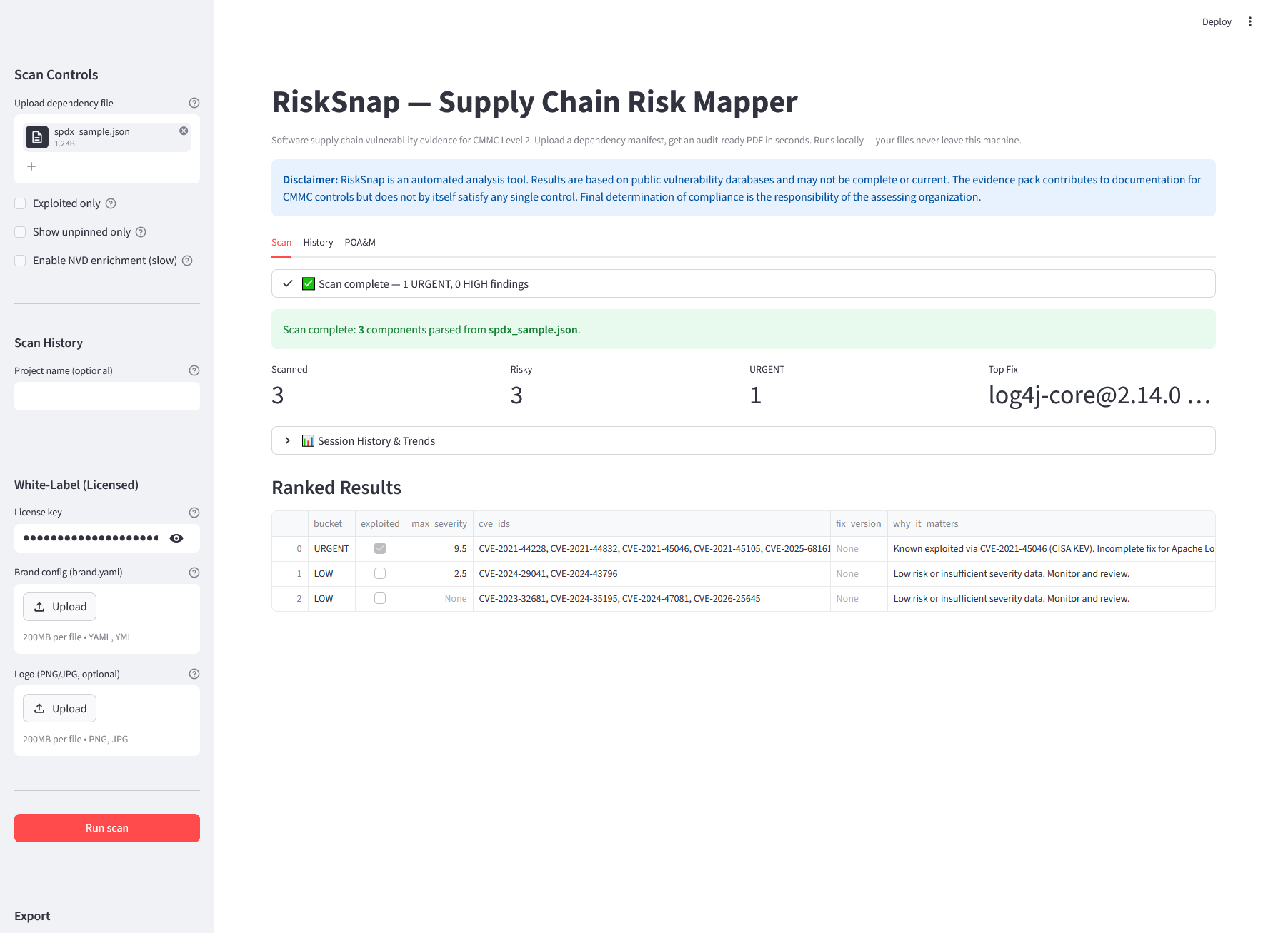 RiskSnap web interface showing a completed dependency scan with ranked vulnerability findings, severity scores, and CISA KEV exploited flags.