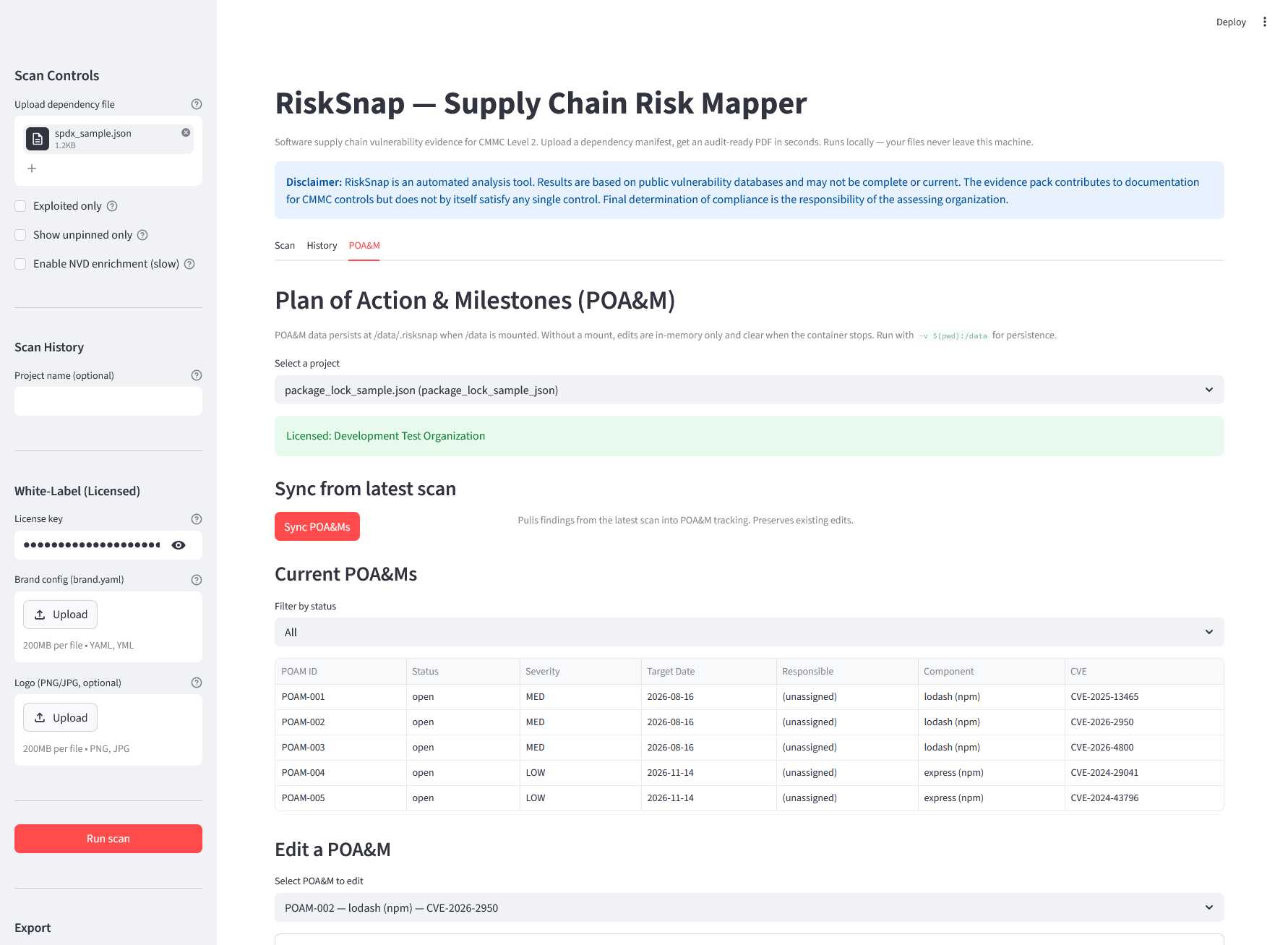 RiskSnap POA&M tracking view listing remediation items with stable POAM identifiers, severity, and status.
