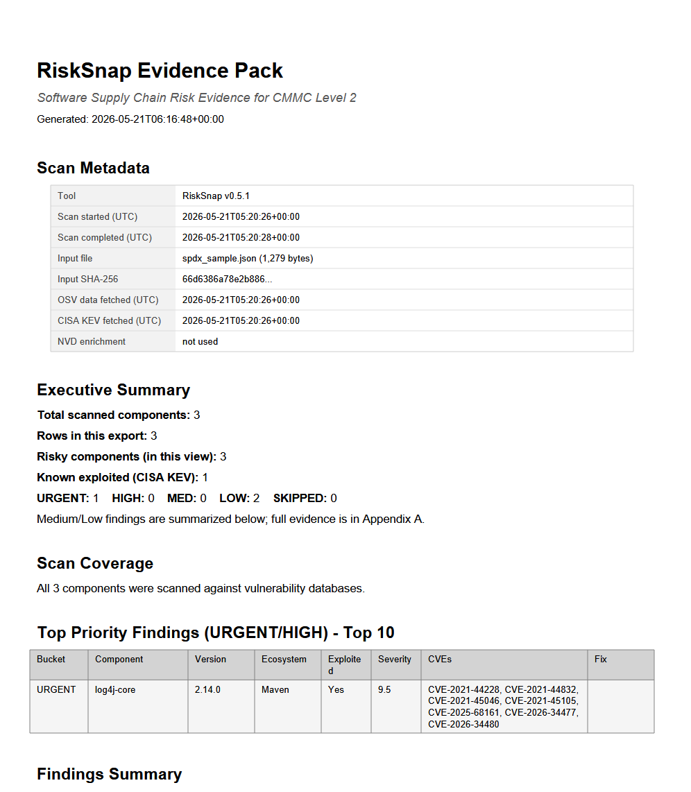 RiskSnap audit-ready PDF evidence pack page showing scored vulnerability findings with full traceability for a CMMC Level 2 assessment.