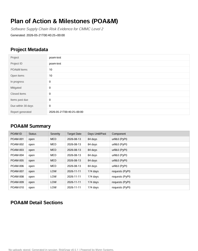 RiskSnap POA&M PDF summary page in conventional DoD-CMMC format listing plan-of-action items.