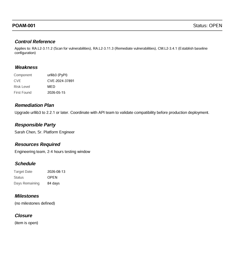 RiskSnap POA&M PDF detail page showing a single remediation item with milestones and status in DoD-CMMC format.