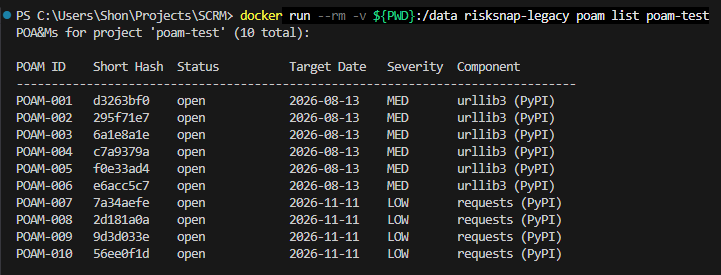 RiskSnap command-line interface running a vulnerability scan and writing output locally.